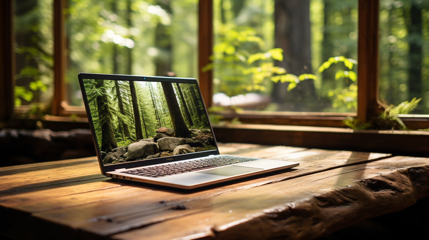 Blank laptop on wooden table in Pacific Northwest forest