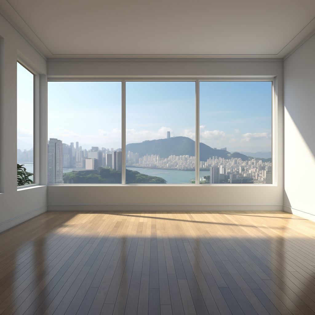 Spacious blank living room with a diagonal window