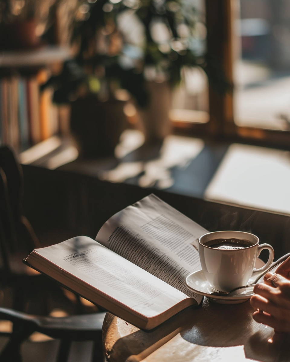 Realistic Magazine Mockup in Spanish Cafe with Coffee