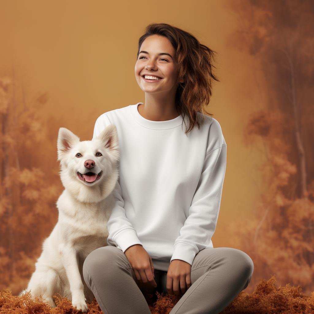 Happy woman in blank white crewneck sweatshirt