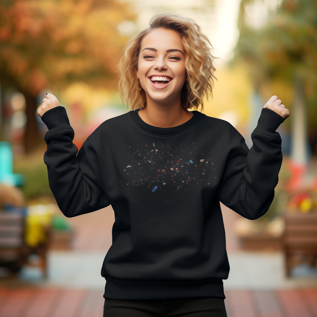 Happy Young Woman in Blank Black Crewneck Sweatshirt