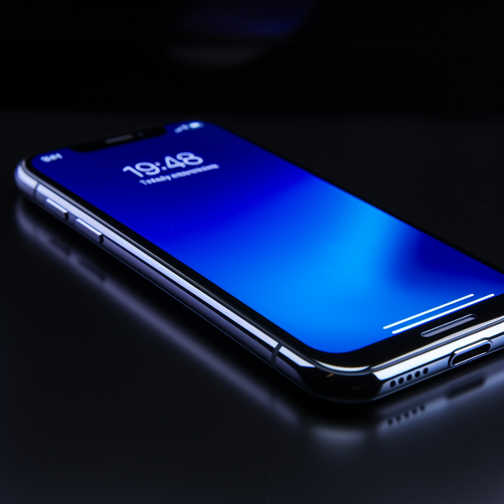 Close-up of sleek black iPhone with blue light