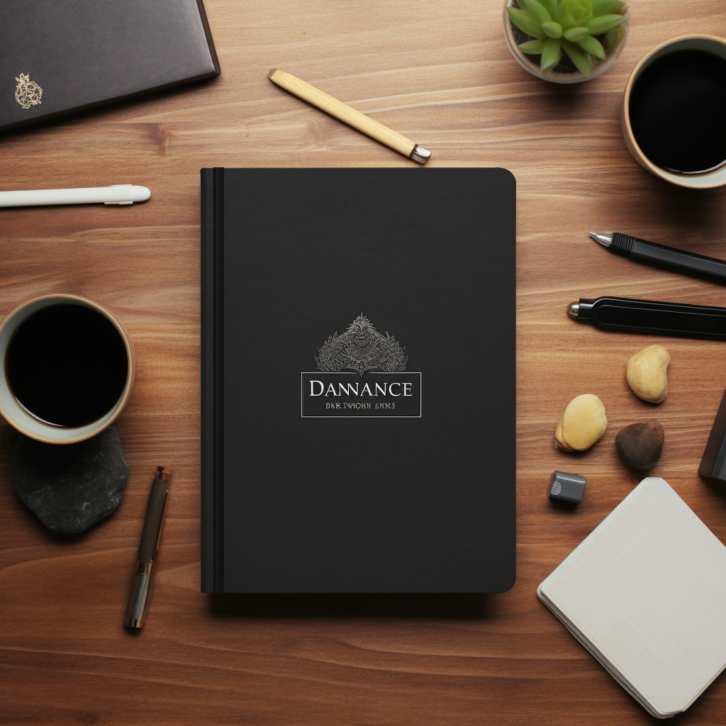 Blank black matte hardcover journal on DnD themed desk