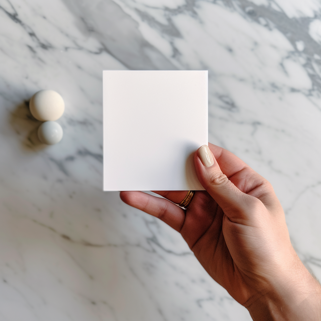 Close-up of blank card on white counter