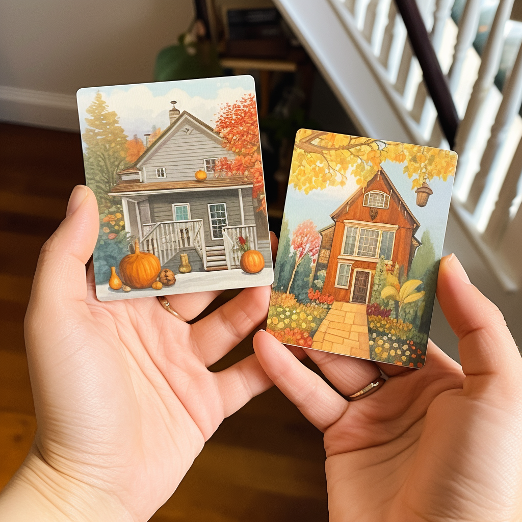 Woman holding blank cards in cozy home