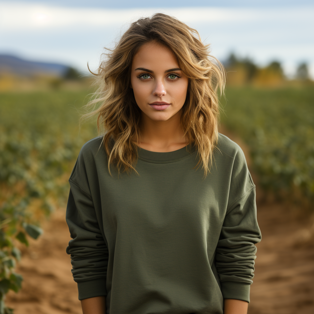 Woman wearing blank forest green sweater in fall field