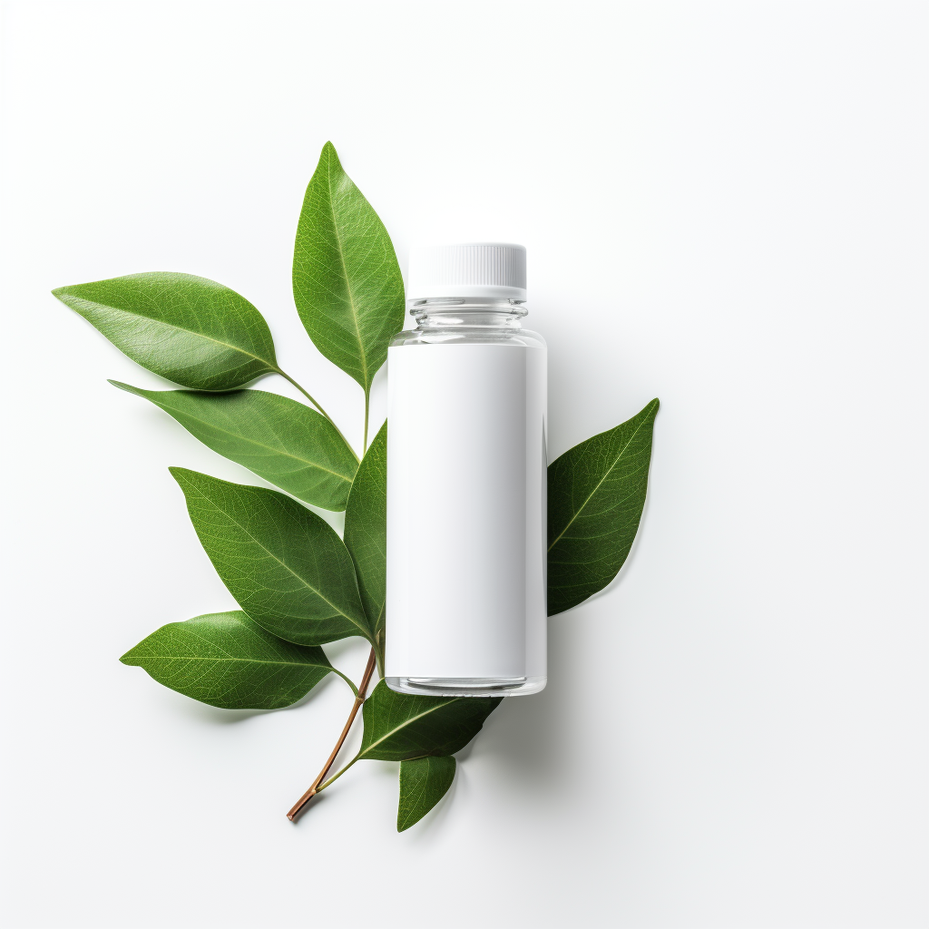 Empty supplement bottle with leaf