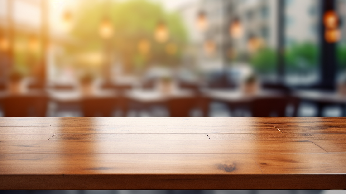 Wooden Desk with Cafeteria Background