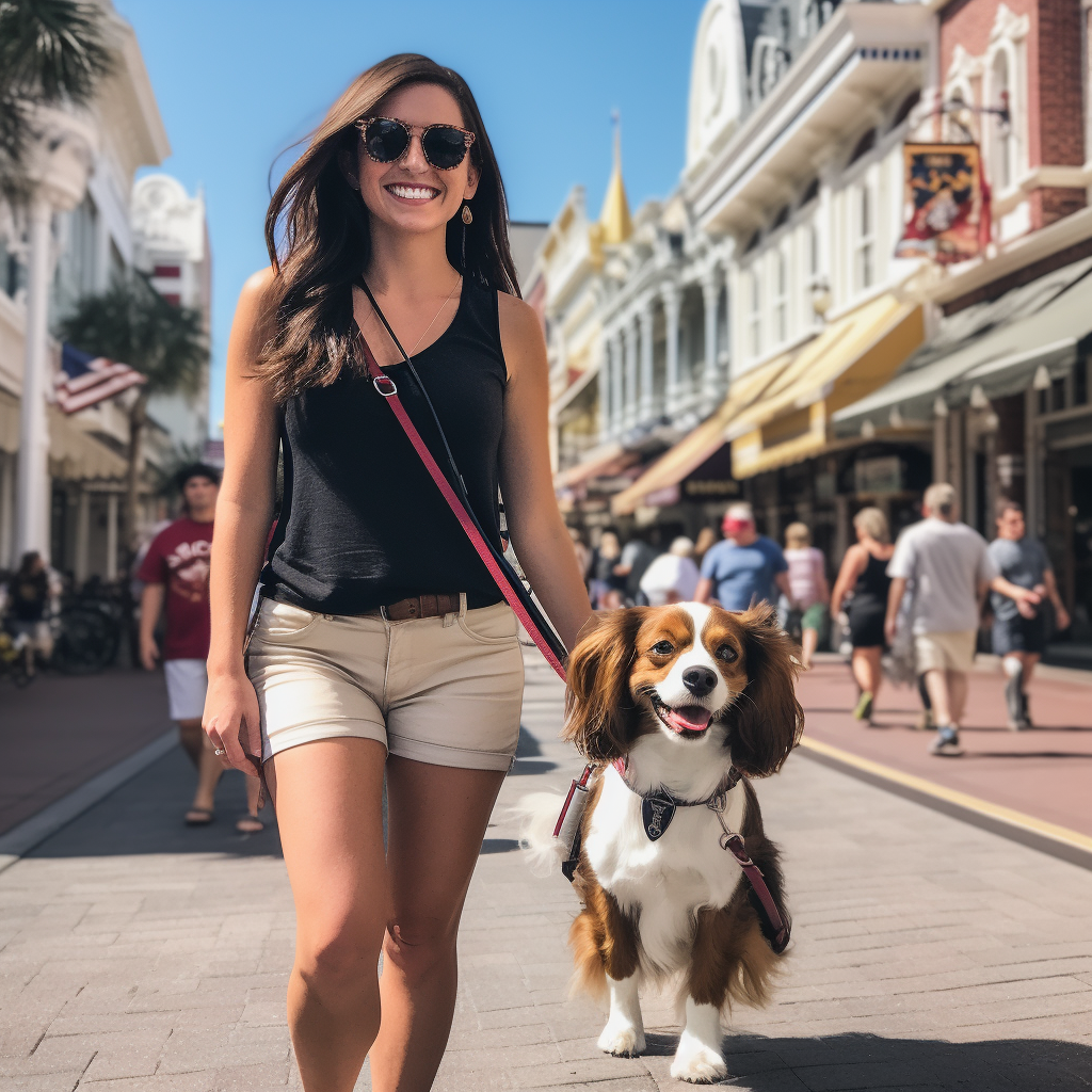 Blenheim Cavalier walking with brunette woman at Disney