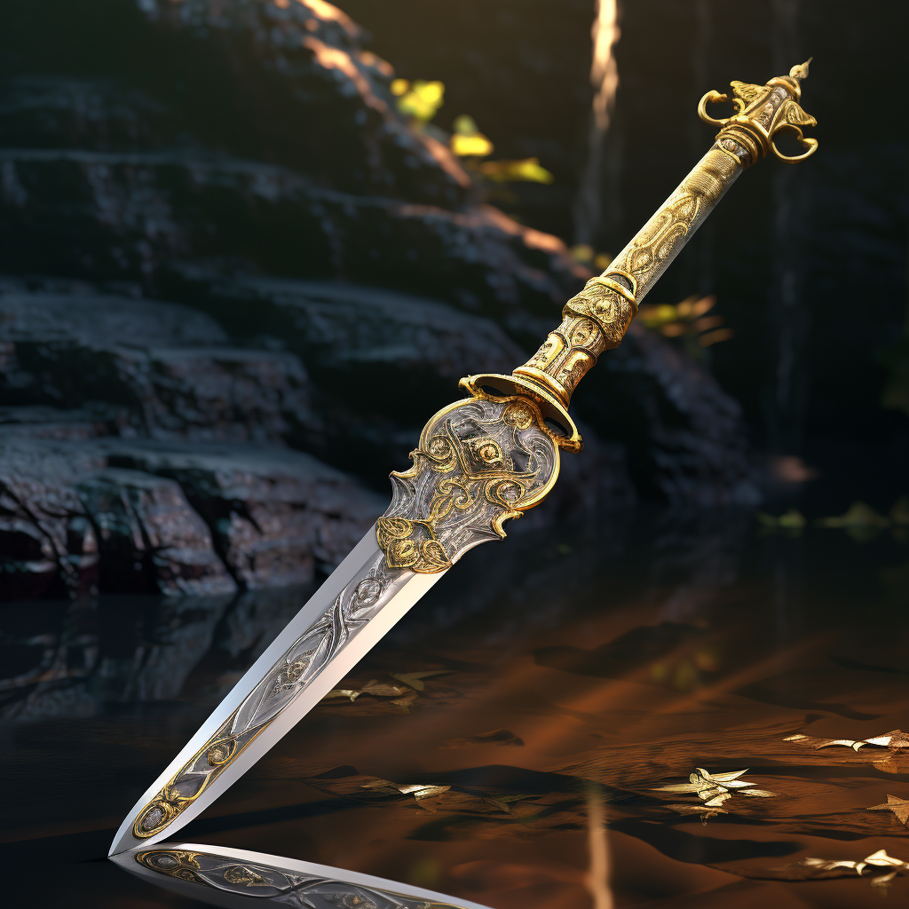 Free floating sword glowing with morning light