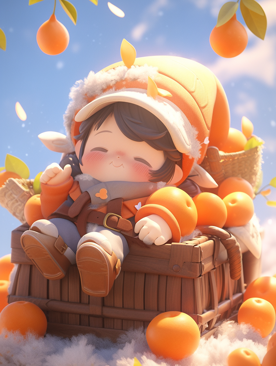 Chibi character with trees and oranges