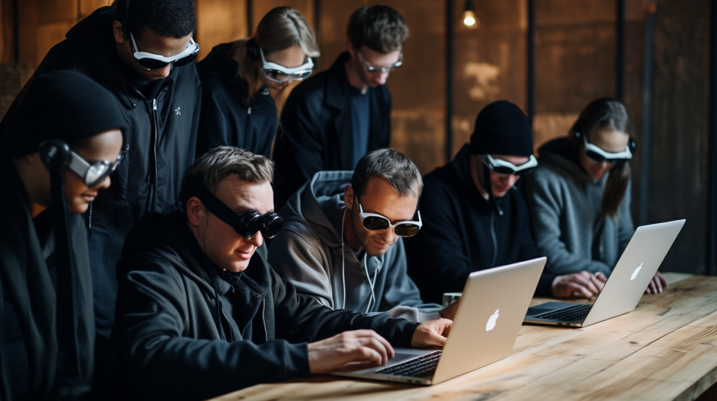 Happy visually impaired people working on laptop