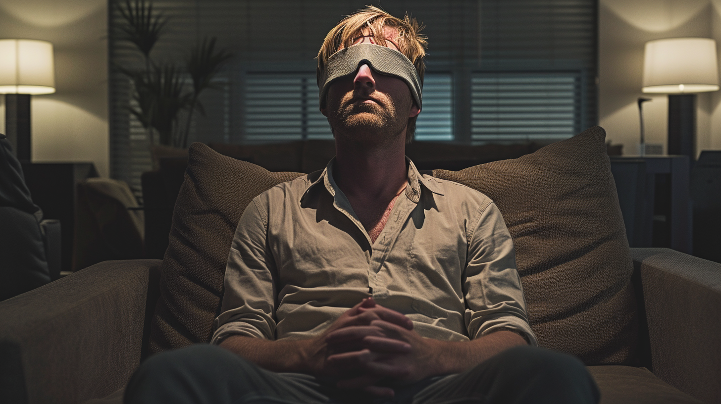 Blindfolded blonde man in dark living room