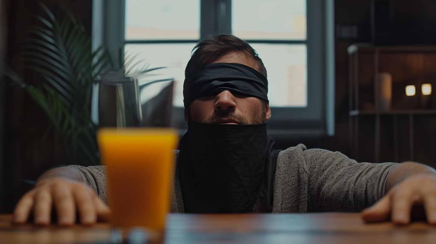 Man blindfolded with orange juice on table