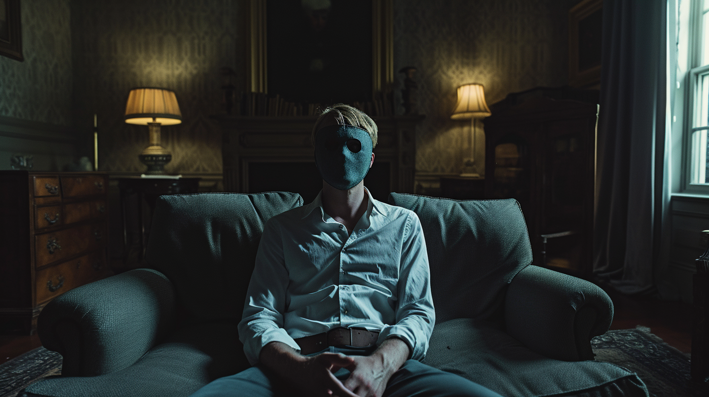 blindfolded scared man on old sofa