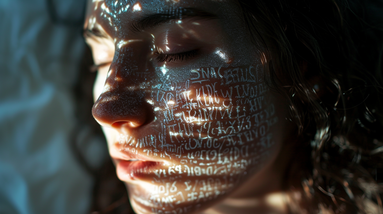 Woman with letters in blinding light