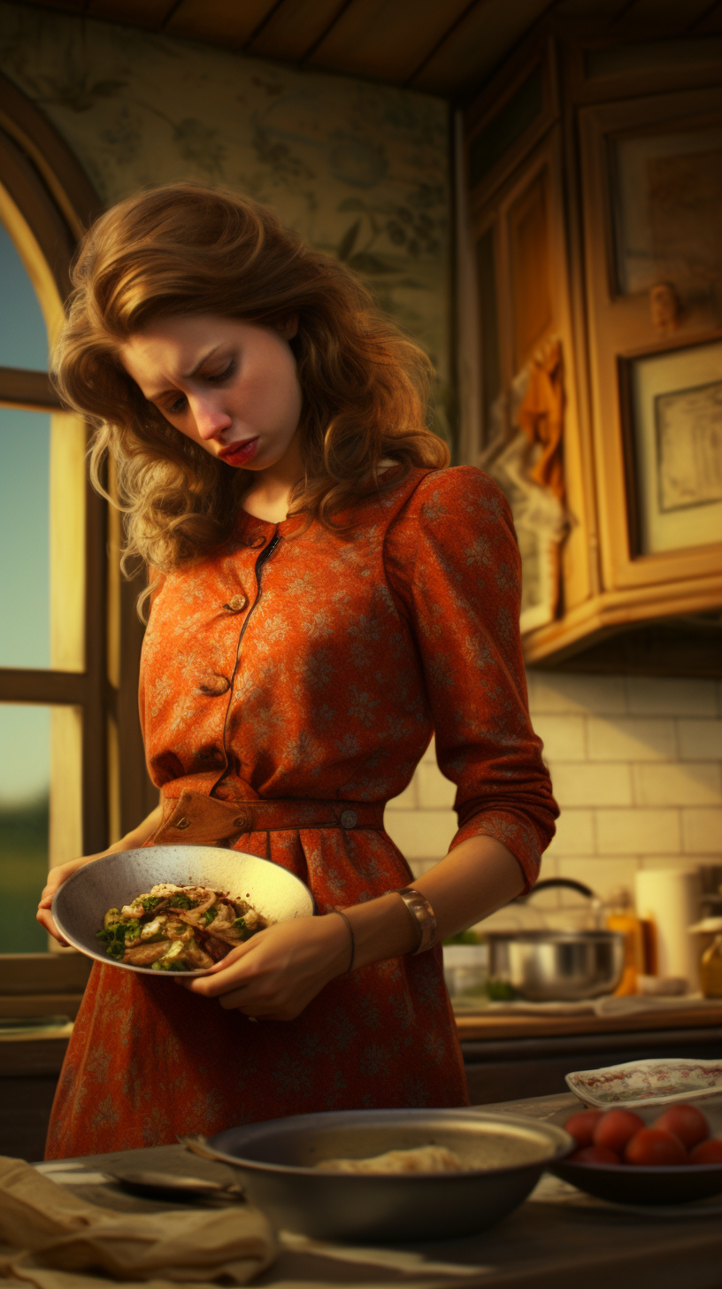 Bloated Stomach Woman in Kitchen