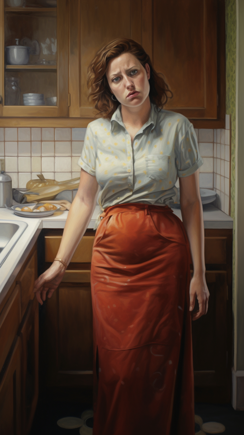 Woman with Bloated Stomach in Kitchen