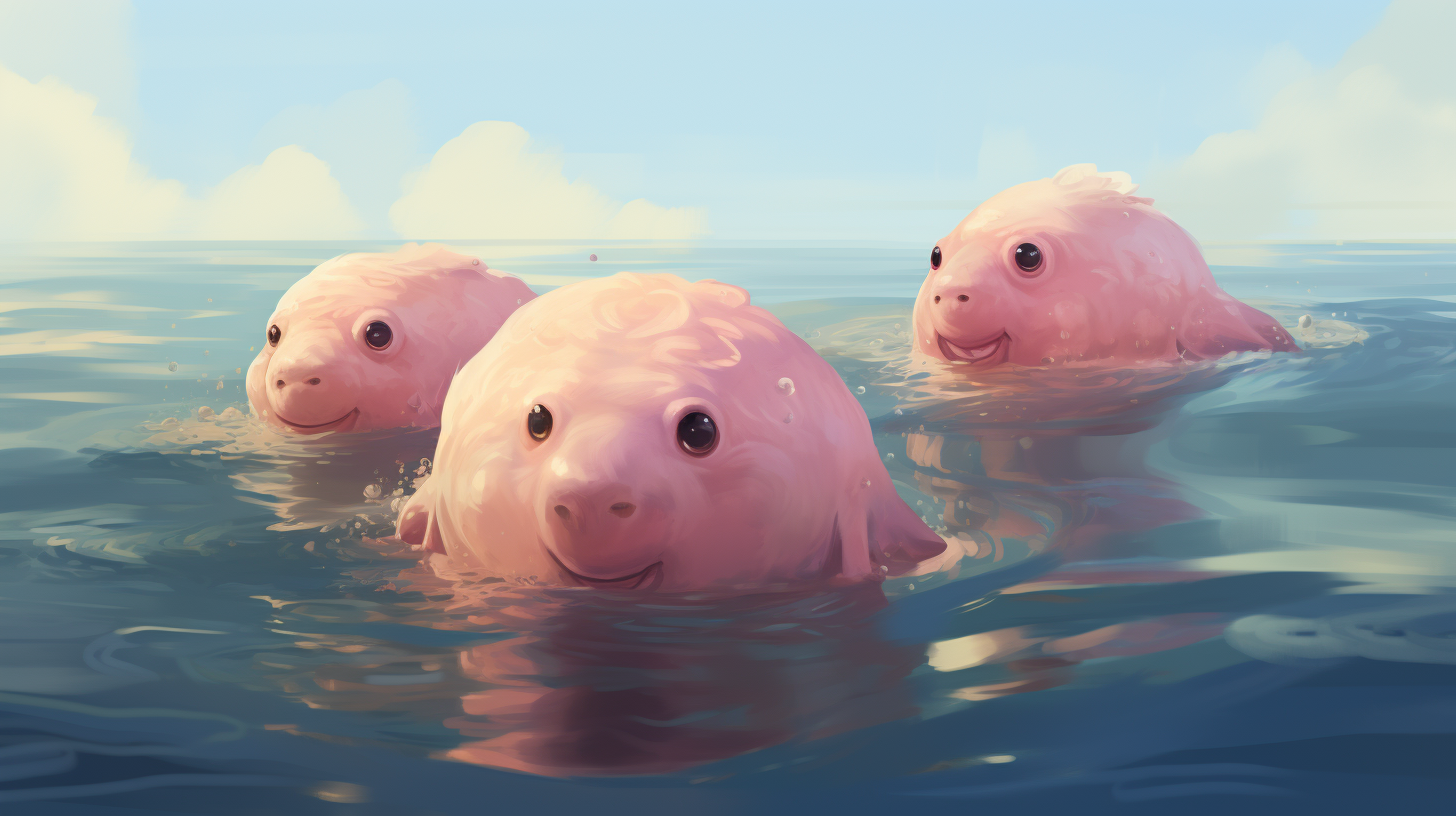 Three blobfish swimming gracefully in the ocean