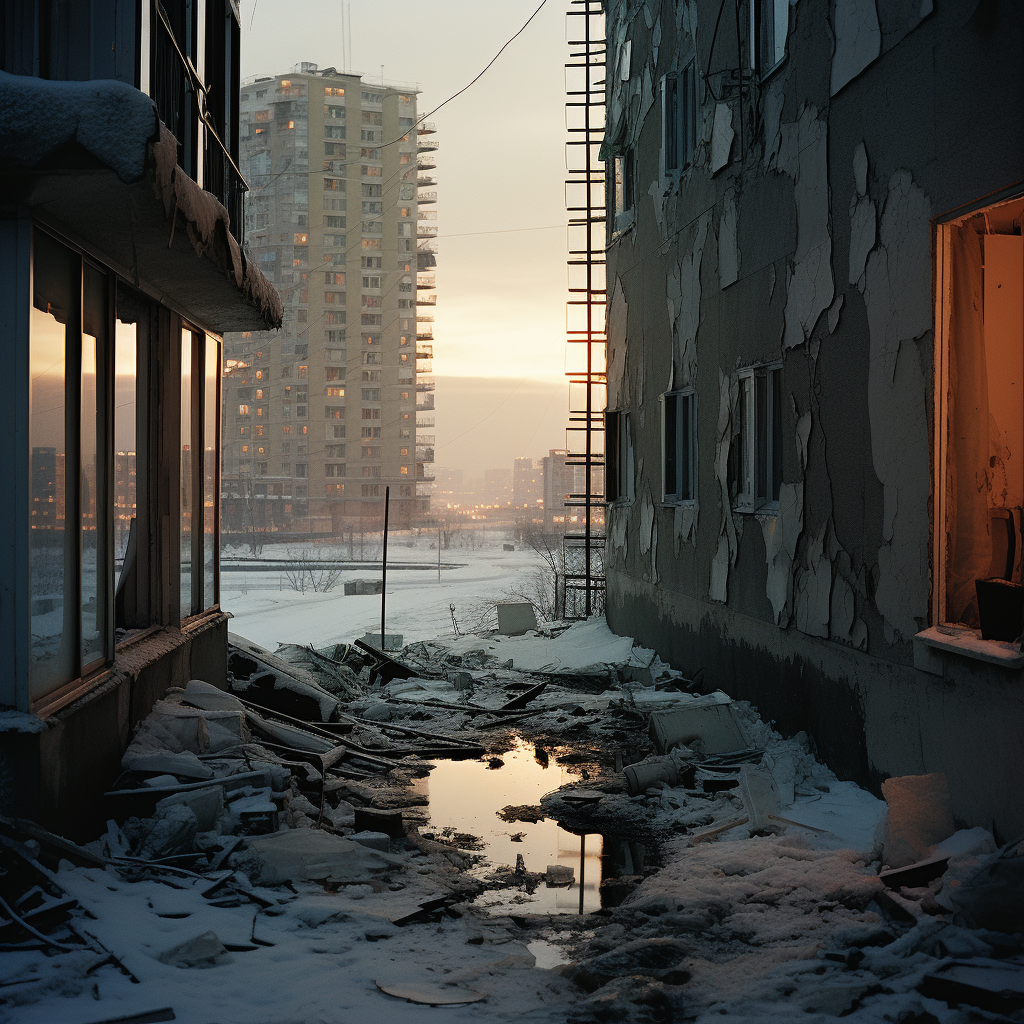 Block Flats Broken Window Evening Snow Baku