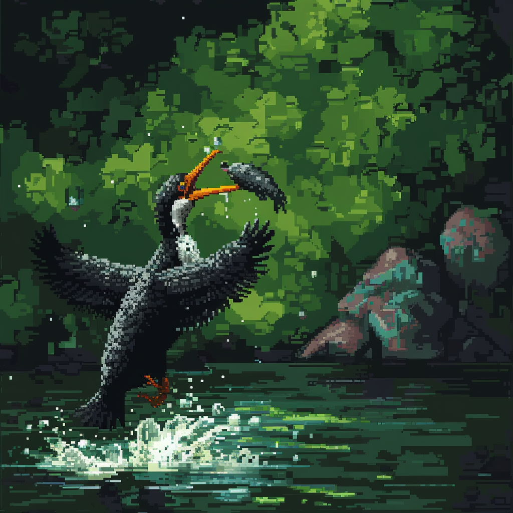 pixel art cormorant fishing fish