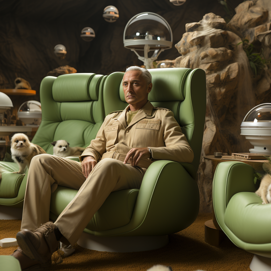 Ernst Stavro Blofeld petting his cat in futuristic lair