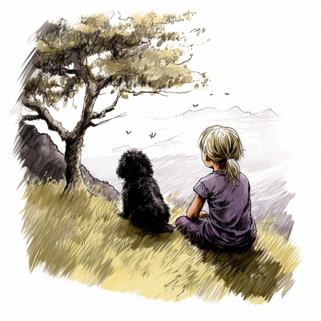 Blond baby girl and miniature schnauzer beneath a tree with a raven