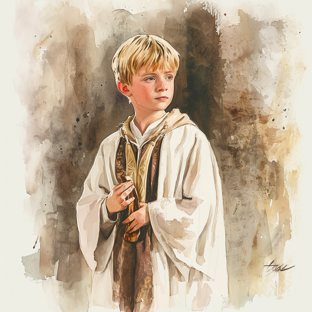 Young blond boy in medieval robes