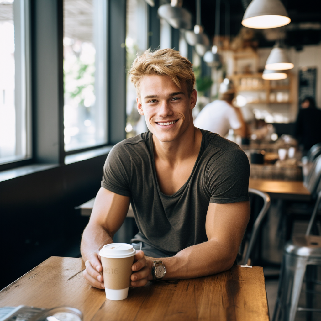 Handsome blond collegiate jock in modern cafe