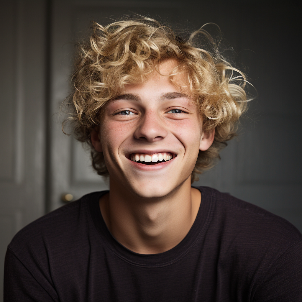 Happy teenage boy with blond curls smiling and teasing