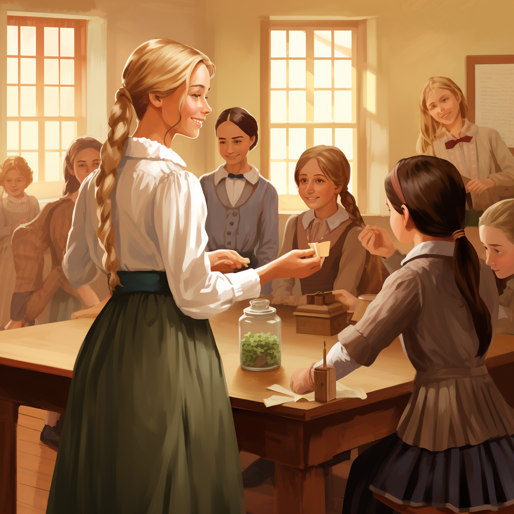 Blond girl in 1800s schoolroom holding pickled limes