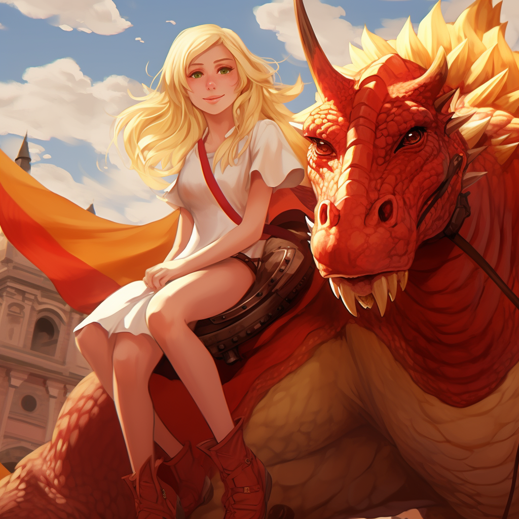 Cute blond girl on bull fighting dragon