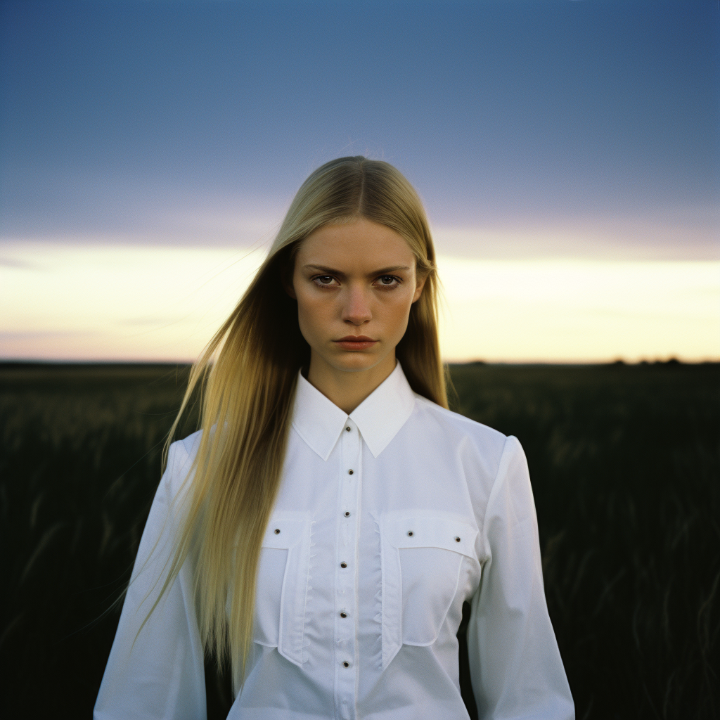 Blond girl with long straight hair in meadow at night