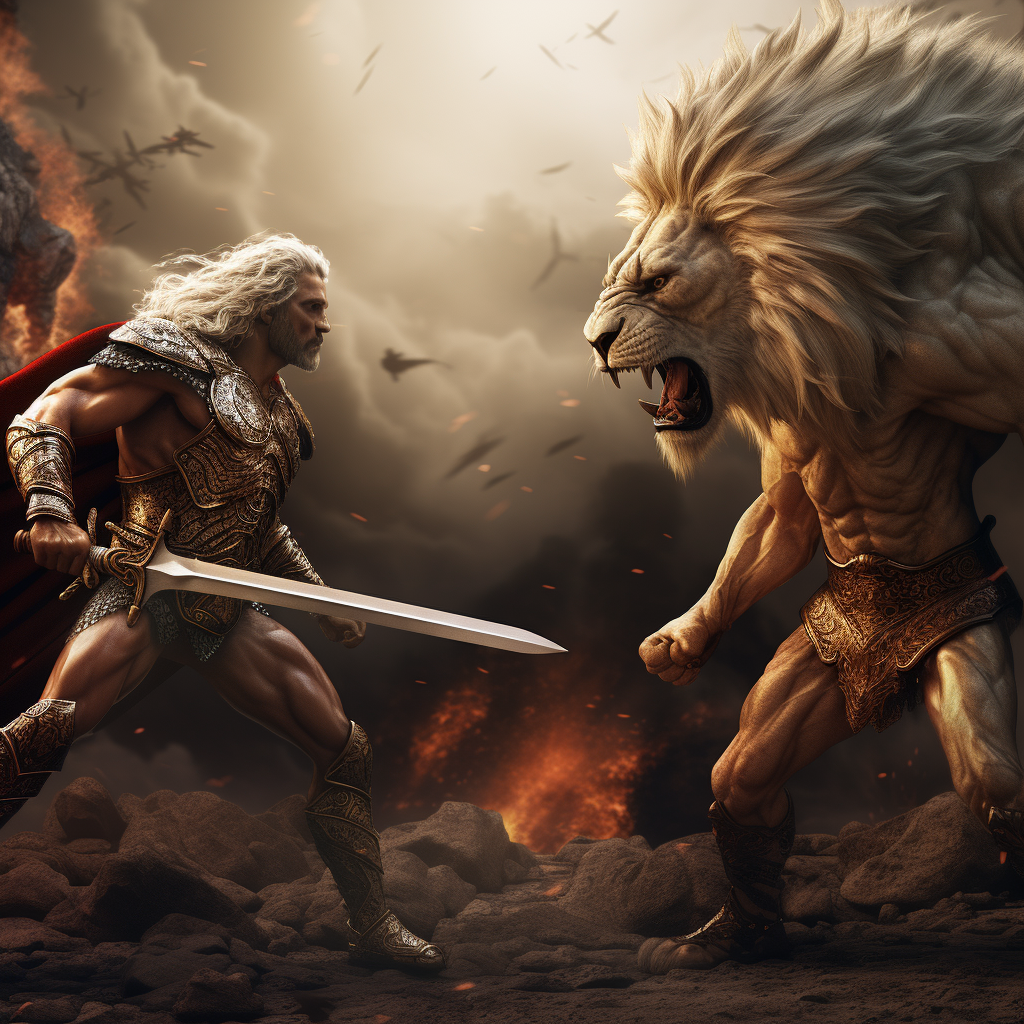 Blond hair male spartan warrior prince battling a fierce lion