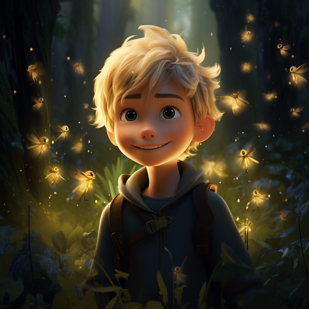 Smiling blond-haired boy in a forest with fairies and fireflies