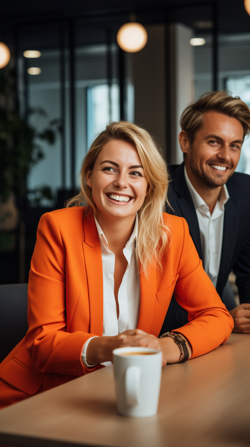 Blonde lady boss and man smiling over coffee