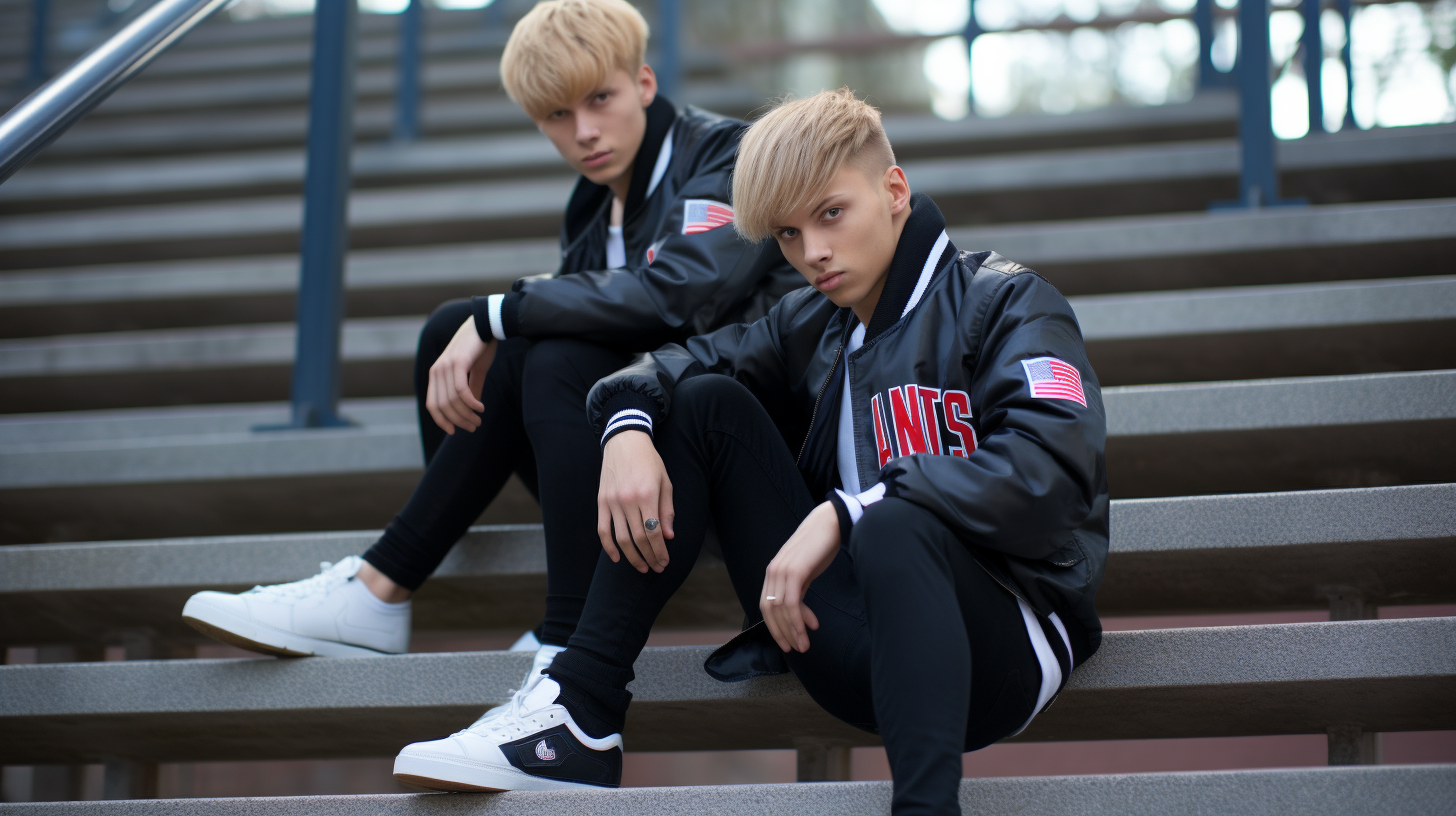 Two blond high school students sitting on stairs