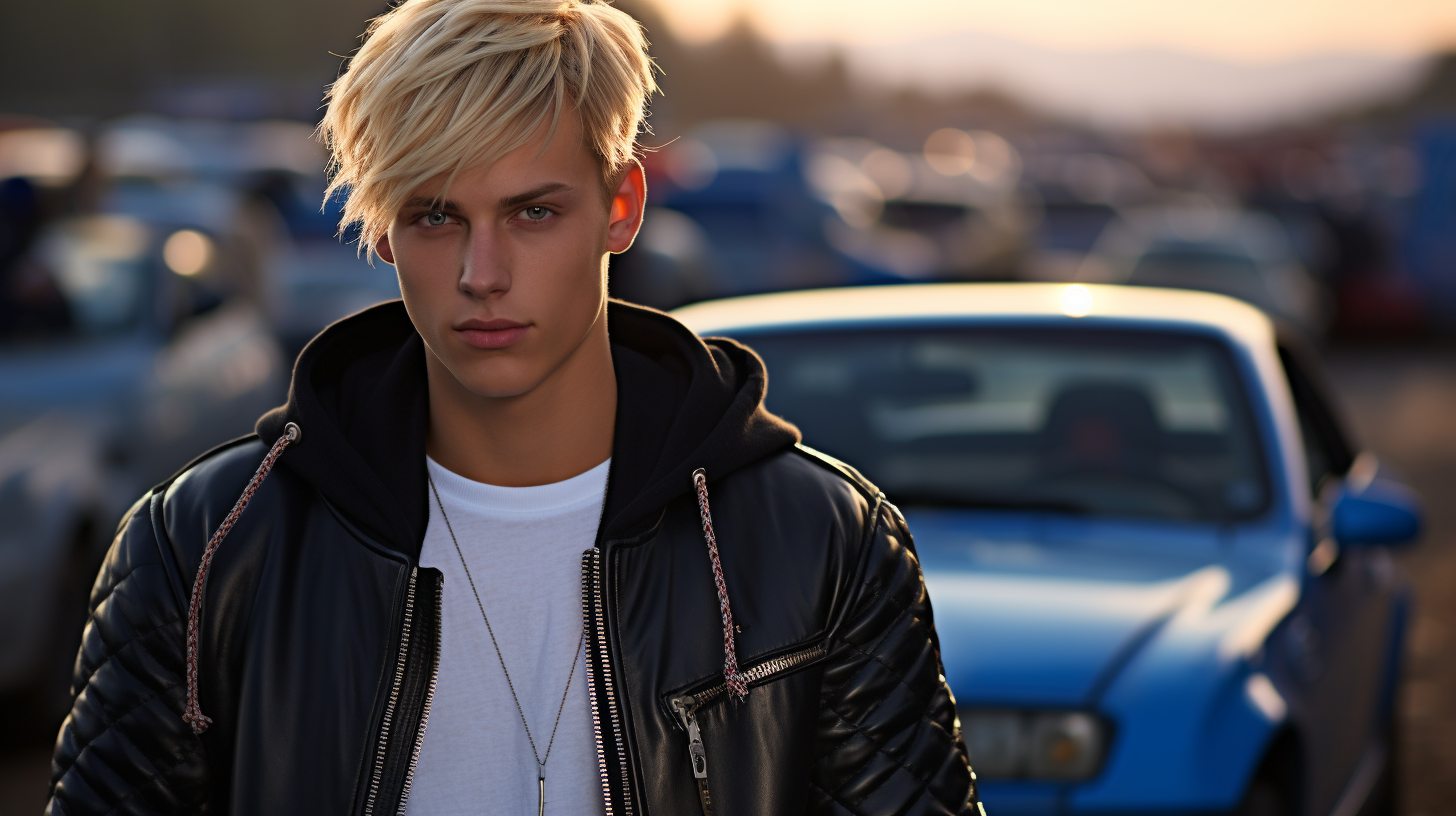 Blond student with black sports car