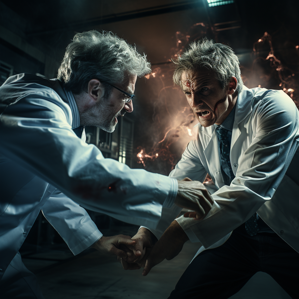 Brave blond medical doctor fighting giant