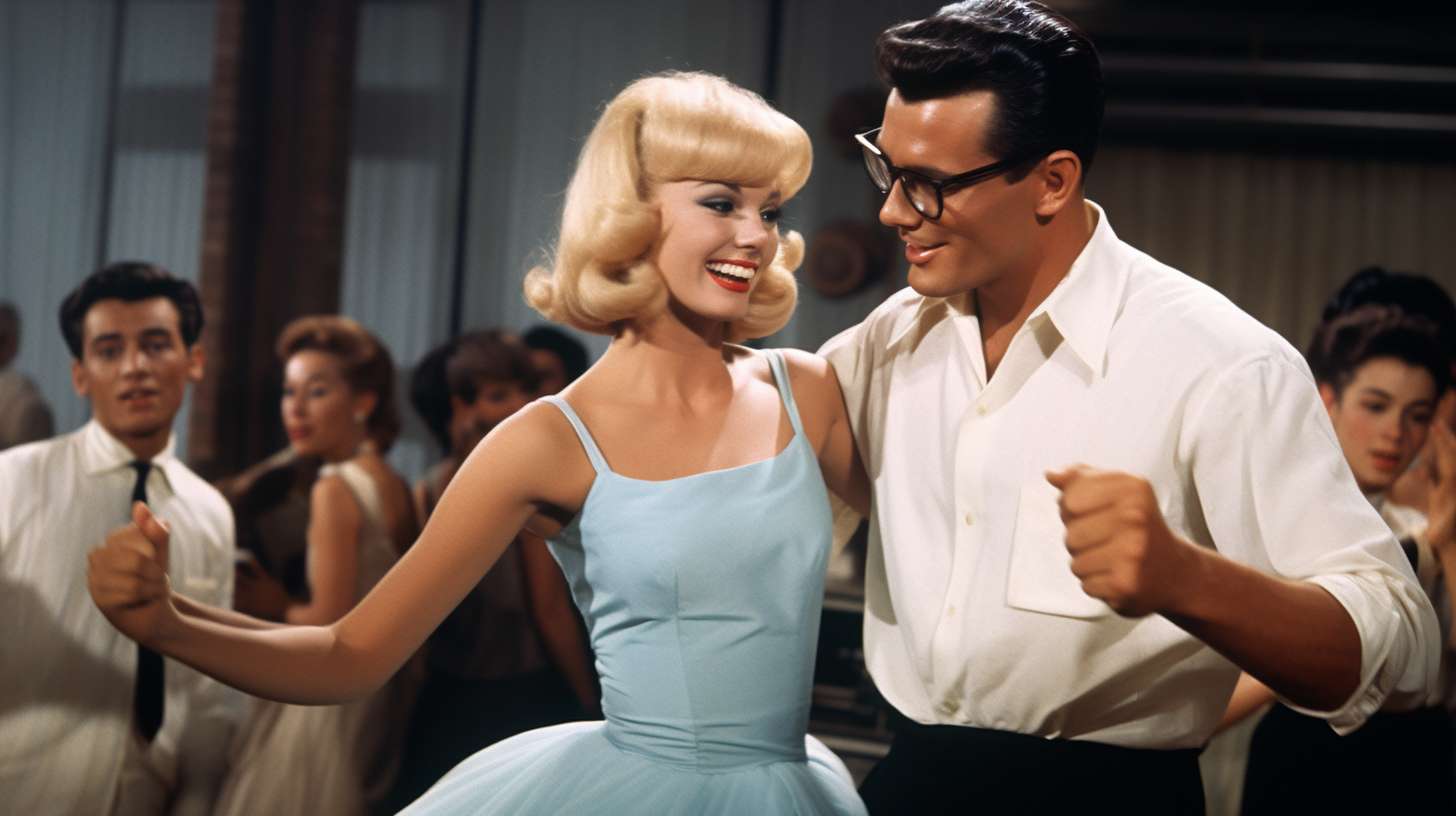 Blond Peggy Sue and Buddy Holly dancing at 1960 party