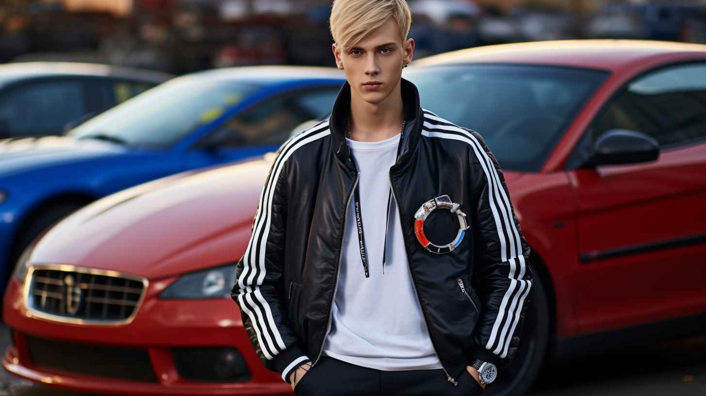 Young student with edgy style and black sports car