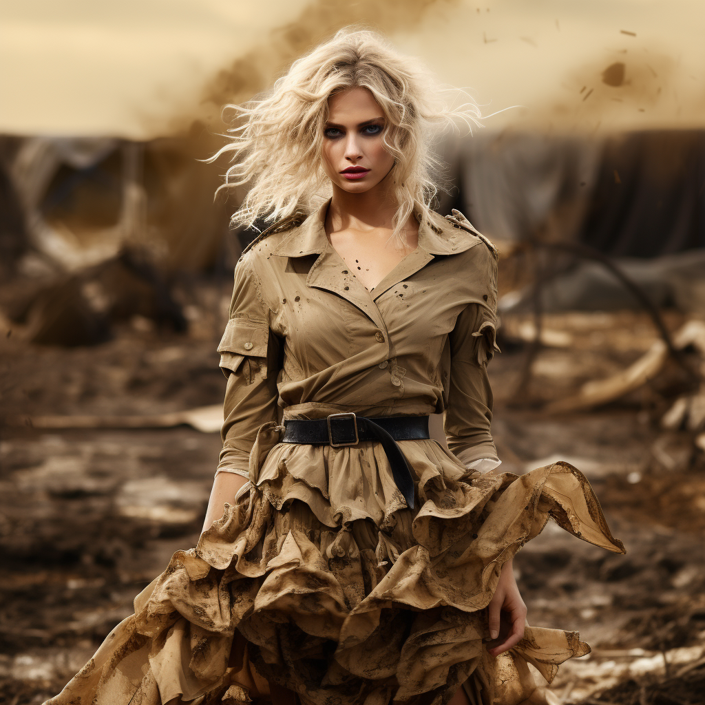 Blonde supermodel in fashionable dress walking through WWI field