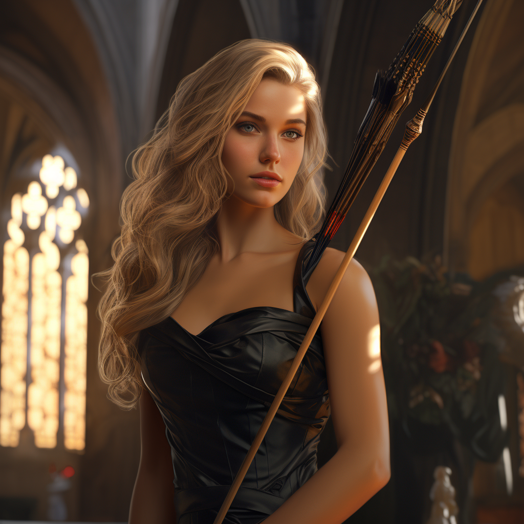 Beautiful woman in black dress with bow and arrow