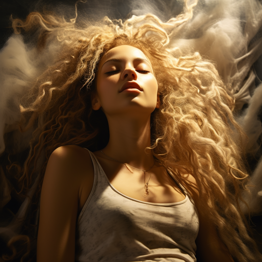 Young woman with blond curly hair and dreadlocks dreaming