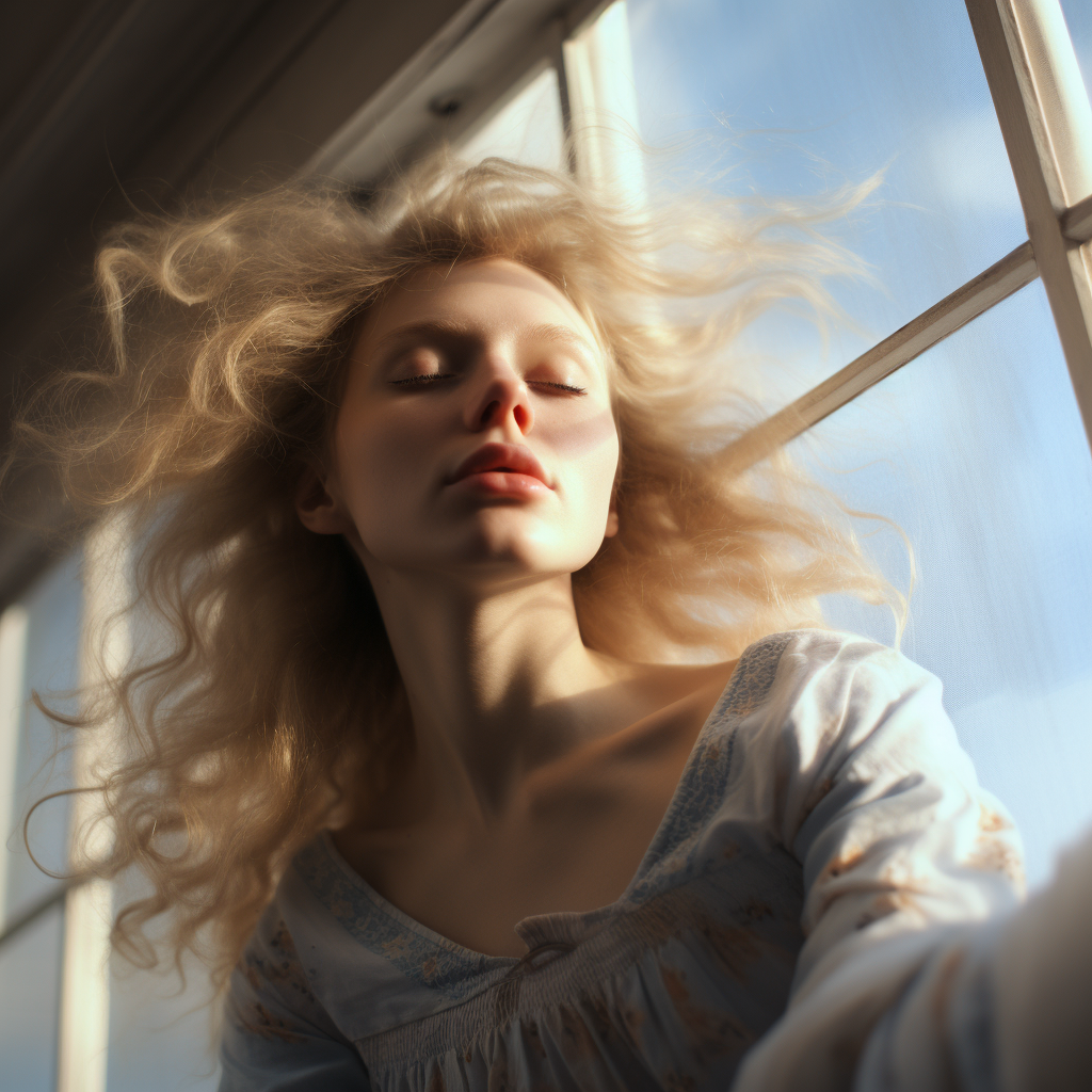 Blond curly-haired woman dreaming with closed eyes