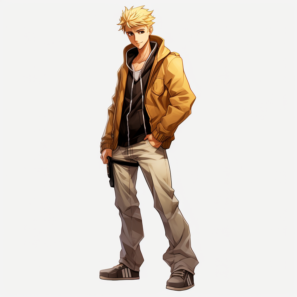 Anime-style blond guy with brown eyes smiling