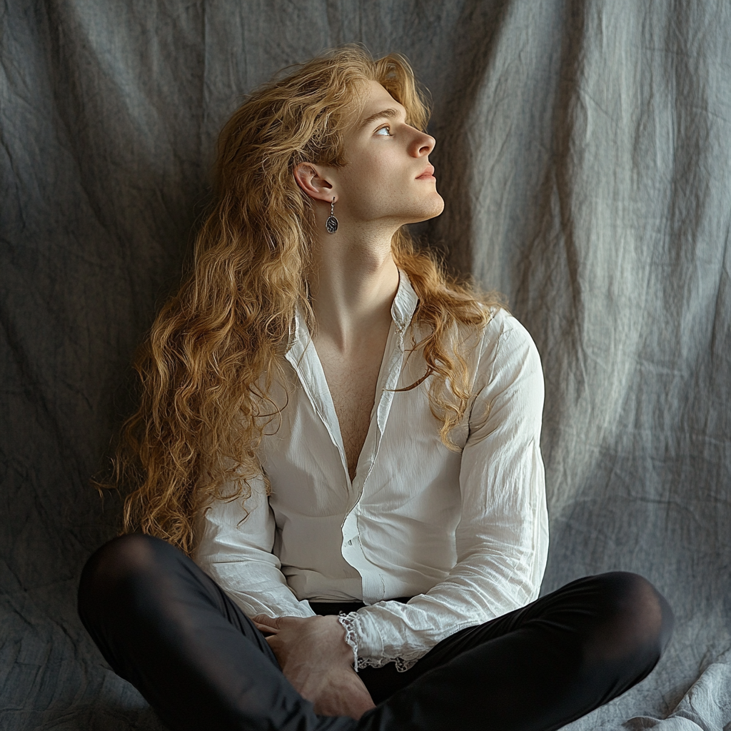 Blonde man with earrings sitting