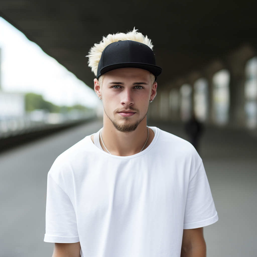 Young man with blond hair smiling in a cityscape