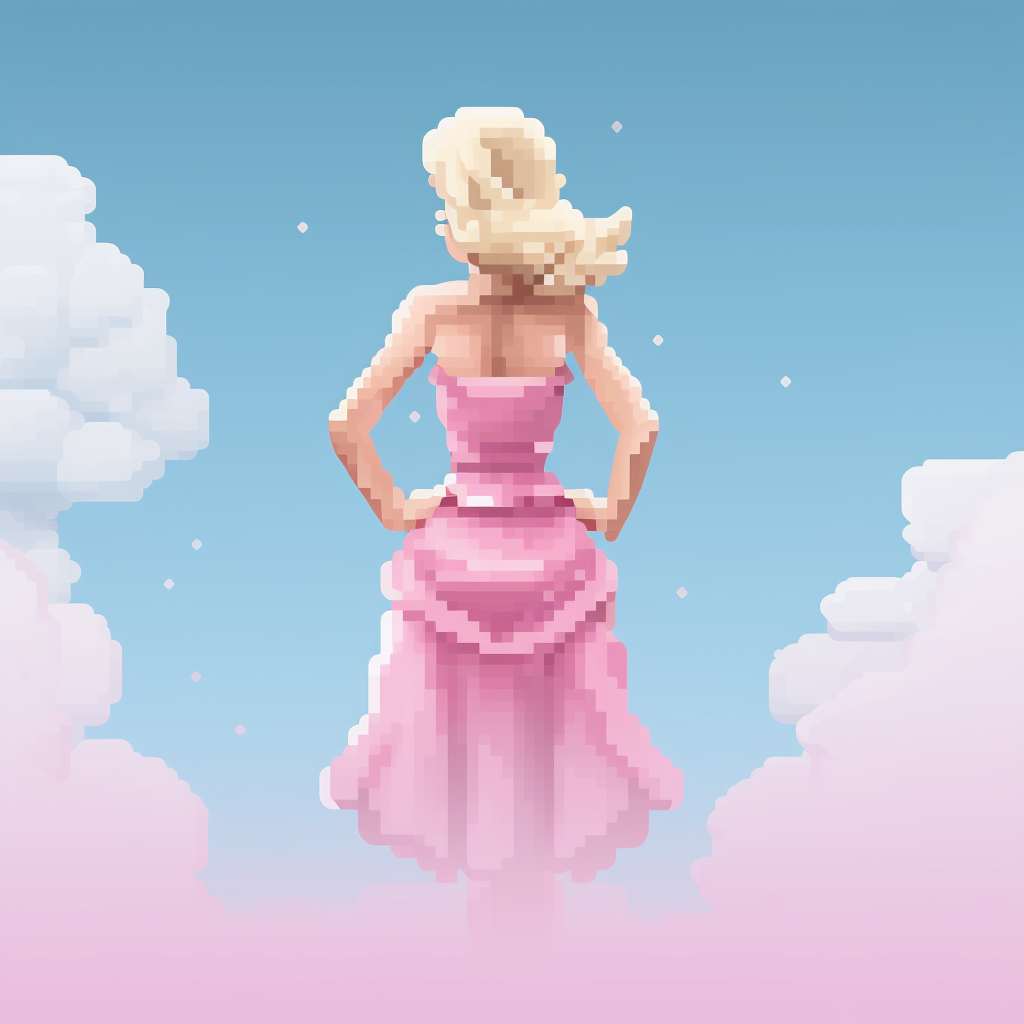 Blond teacher in pink dress pointing at the sky