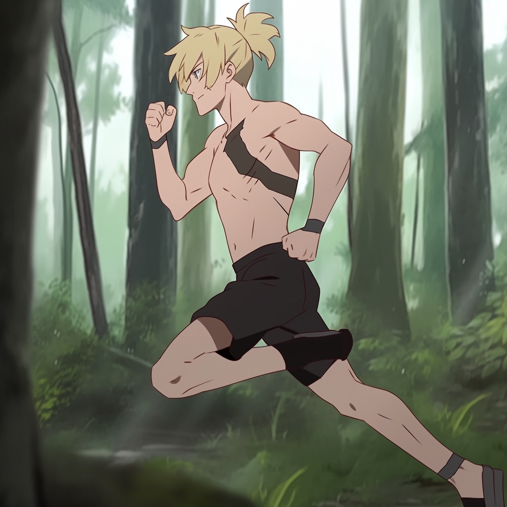 Smiling blonde anime man running in forest